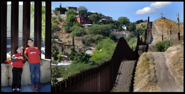 The wall separating the two Nogaleses seen from the US; two boys on the Mexican side.